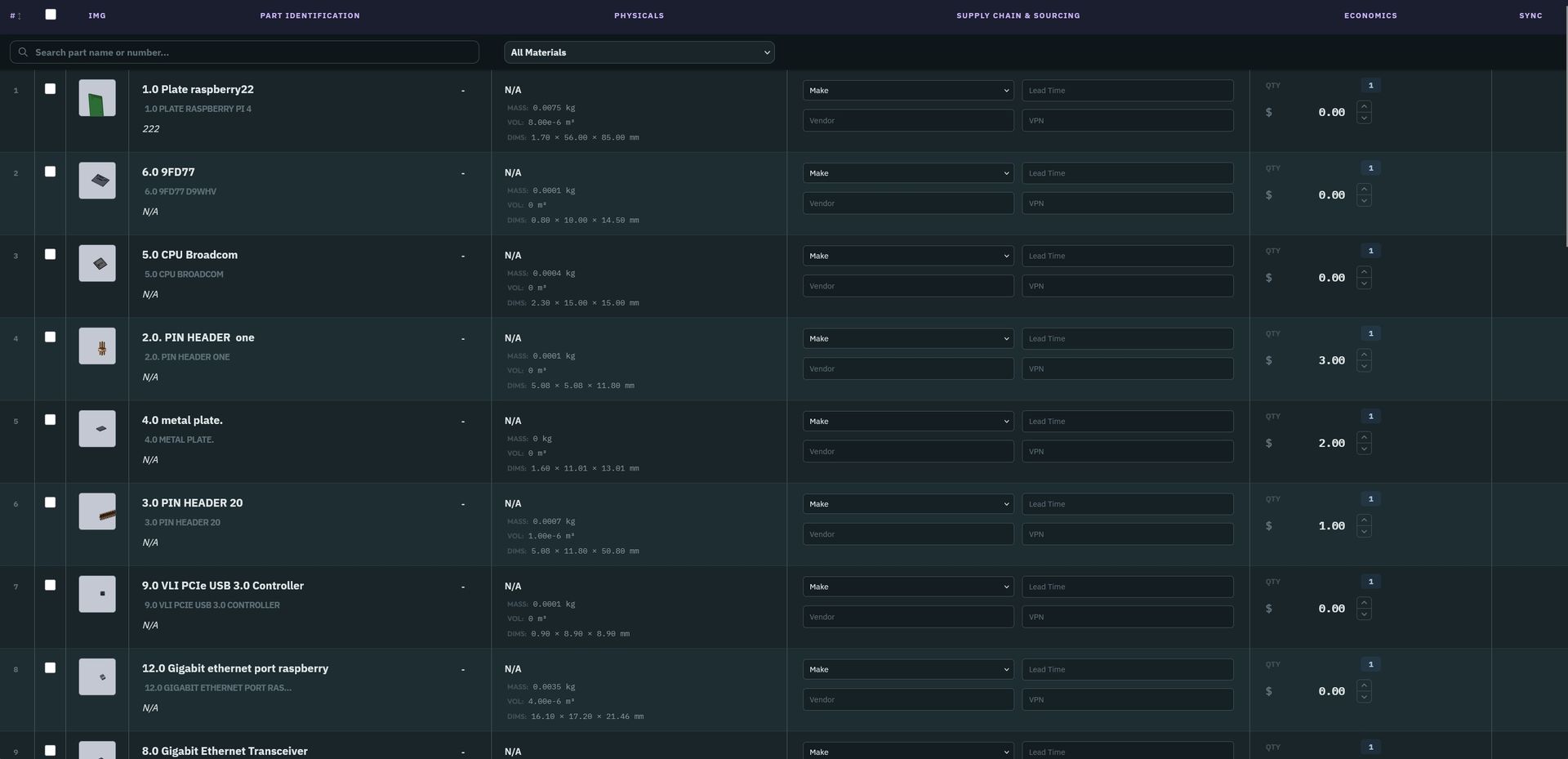 NodeBOM BOM Management view with part properties, vendor fields, and AI COTS match results
