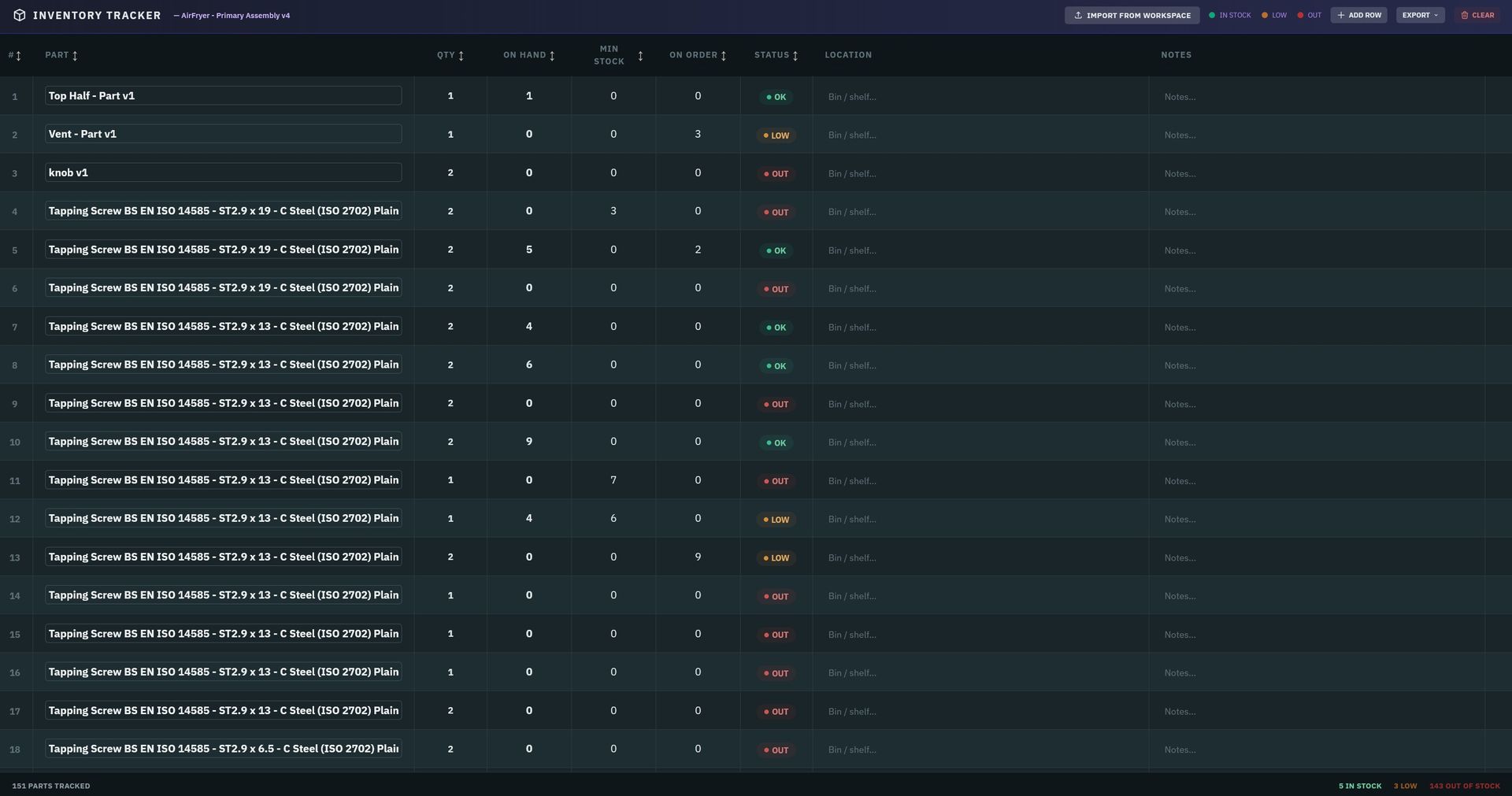 NodeBOM Inventory Tracker with stock levels and order status