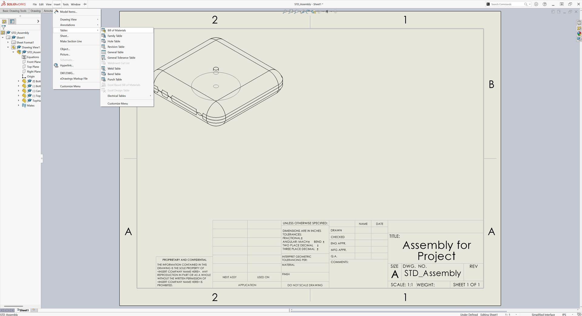 Inserting SolidWorks Bill of Materials