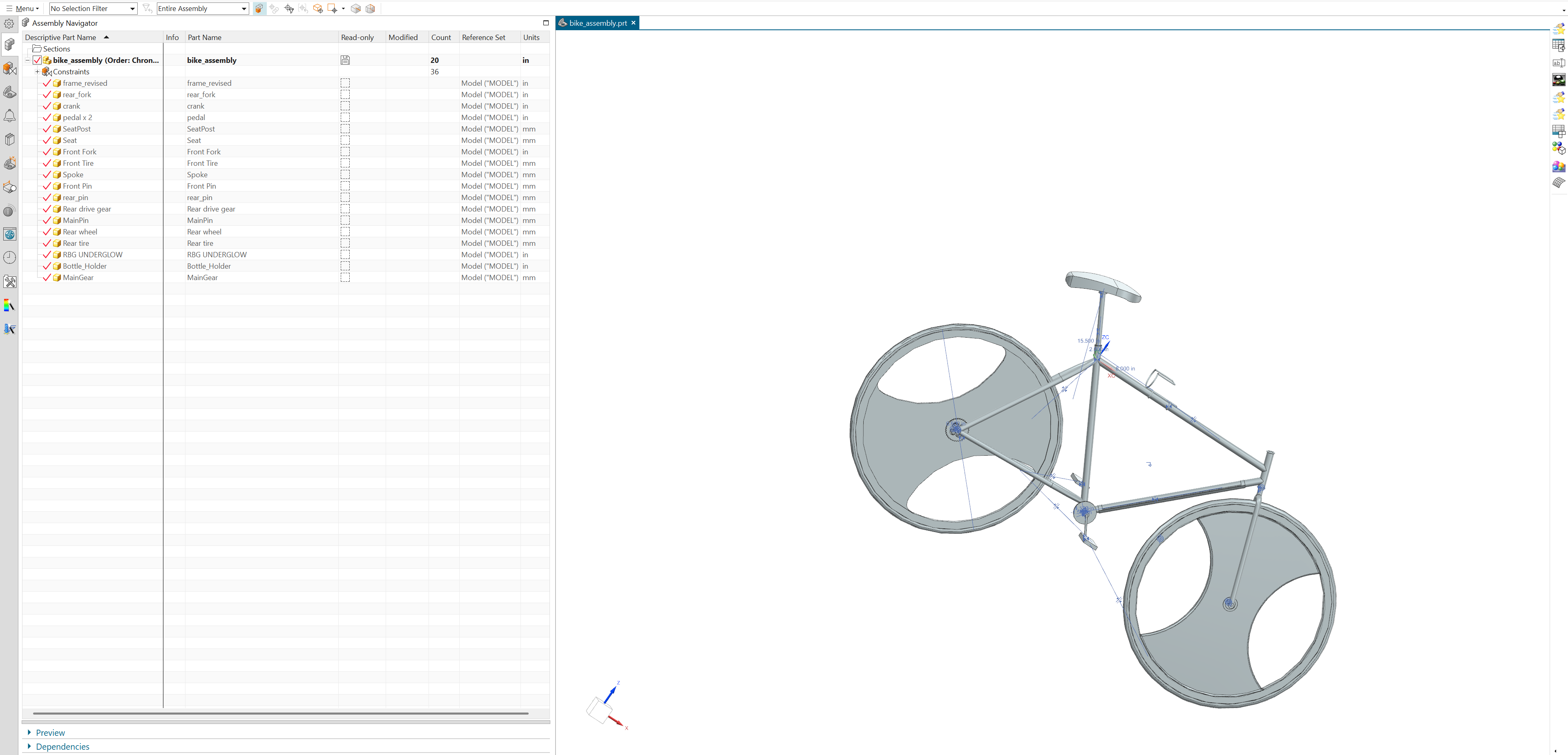Siemens NX Assembly Navigator expanded with component list and bike assembly