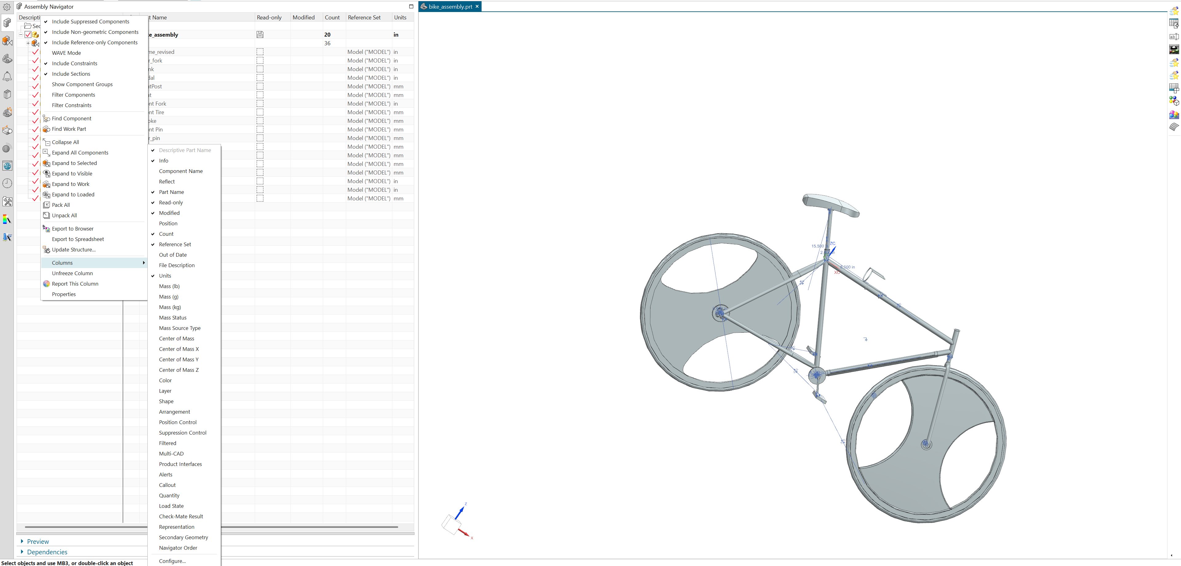 Siemens NX Assembly Navigator column customization menu
