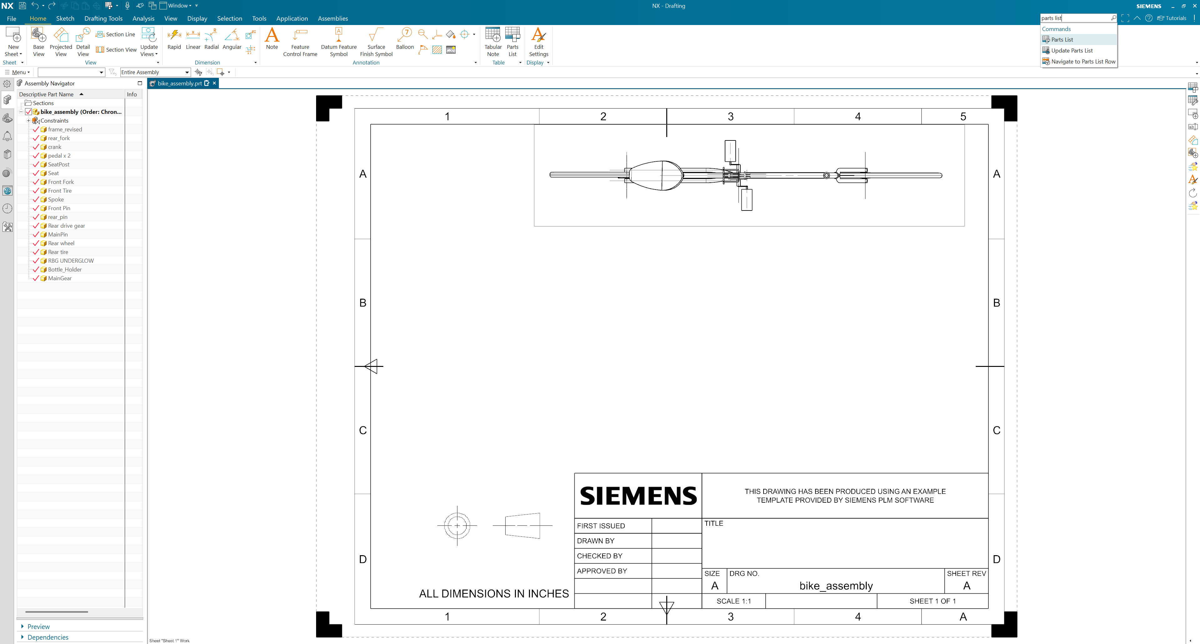Siemens NX drawing sheet with Parts List command highlighted