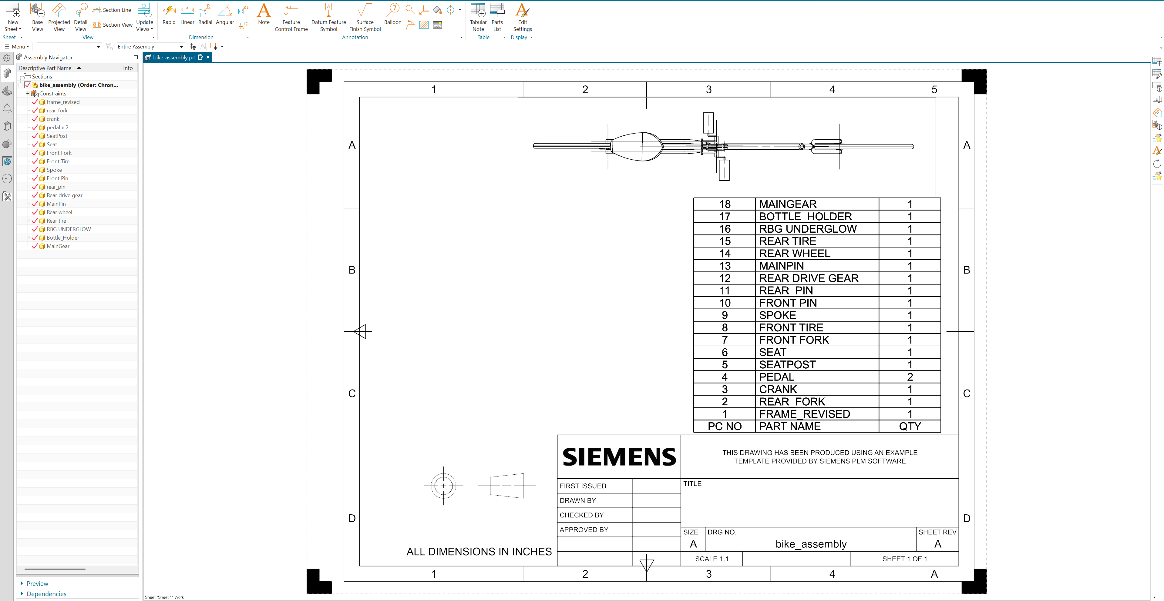 Completed Siemens NX Parts List table on a drawing sheet showing all components