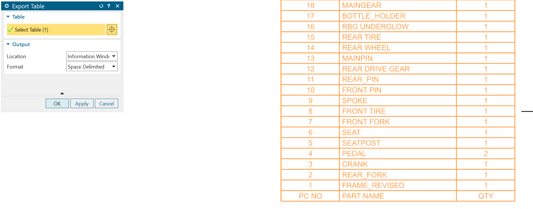 Siemens NX Export Table dialog with location and format options